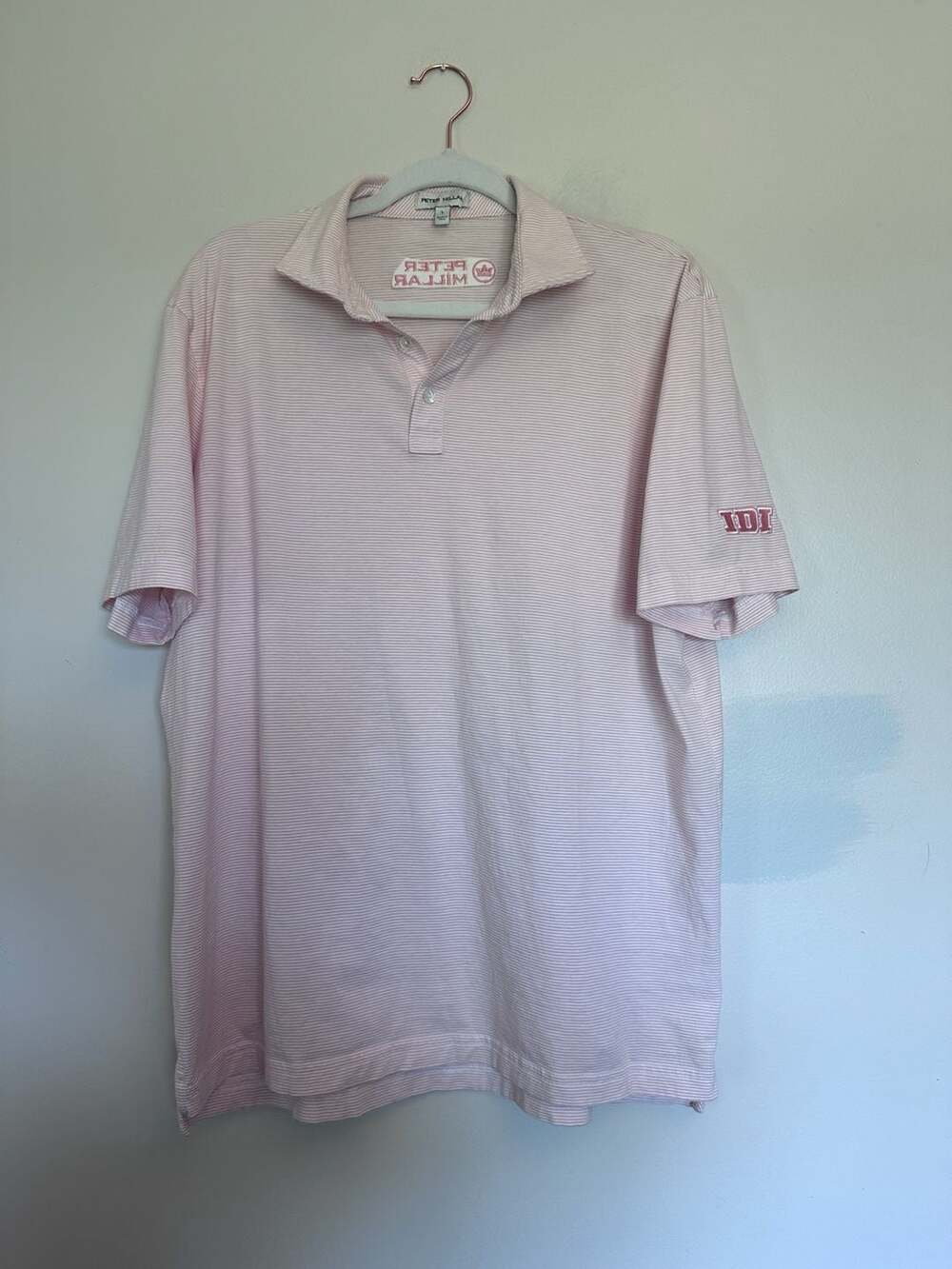 Peter Millar Men's Large Pink White Striped Polo Shirt with IDI Sleeve Embroider
